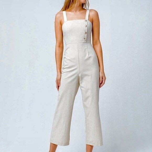 Sky and Sparrow Linen Cotton Sleeveless Button Front Strap Crop Jumpsuit Small - Picture 1 of 9